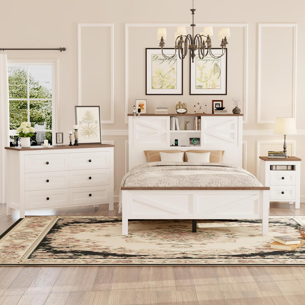 LUMISOL 3-Piece Full Size Bedroom Set, Rustic Wooden Platform Bed with Storage Headboard & Charging Stations, a Nightstand and Dresser, Full Size Farmhouse Bedroom Furniture Set, White