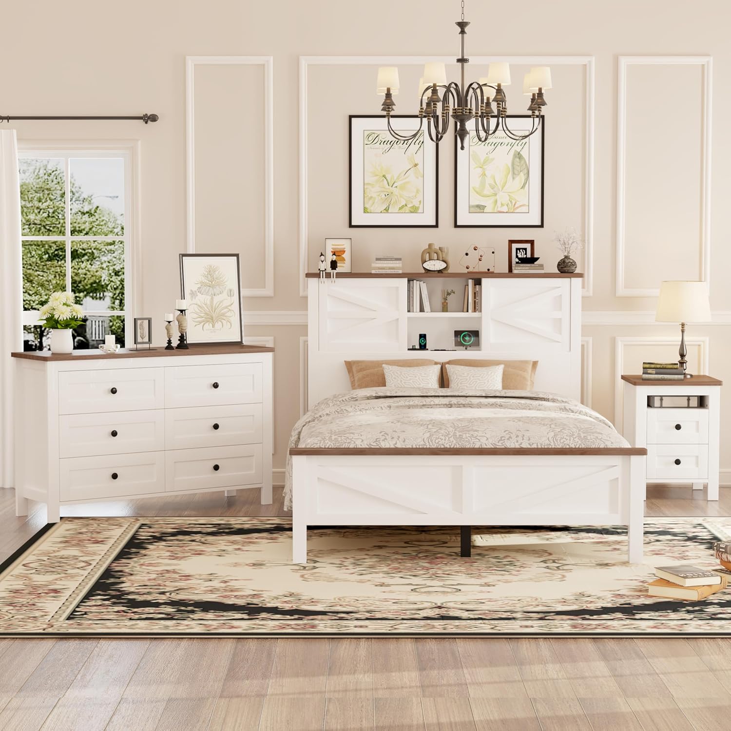 LUMISOL 3-Piece Full Size Bedroom Set, Rustic Wooden Platform Bed with Storage Headboard & Charging Stations, a Nightstand and Dresser, Full Size Farmhouse Bedroom Furniture Set, White