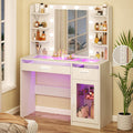 HUAHUU Vanity Desk with Mirror and Lights, Makeup Vanity Desk with Lights 3 Colors, Transparent Top Vanity with 2 RGB Drawers, 6 Shelves, Large Tempered Cabinet, Power Outlet, for Bedroom, White