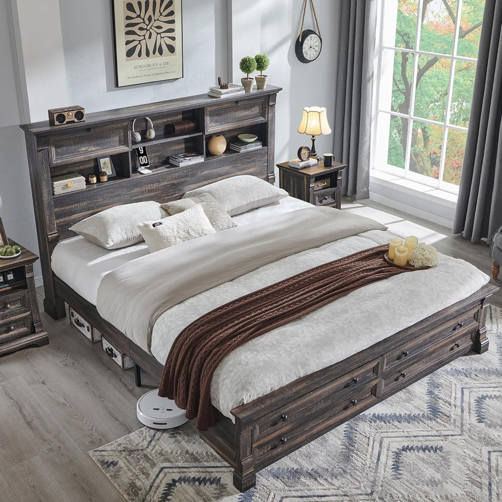 Farmhouse Queen Size Bed Frame with 54" Tall Headboard, Headboard with 4 Storage Rack, 2 Drawers, 18" Roman Column Decoration Footboard, Wood Platform Bed Frame, No Box Spring Needed(Dark Rustic Oak)