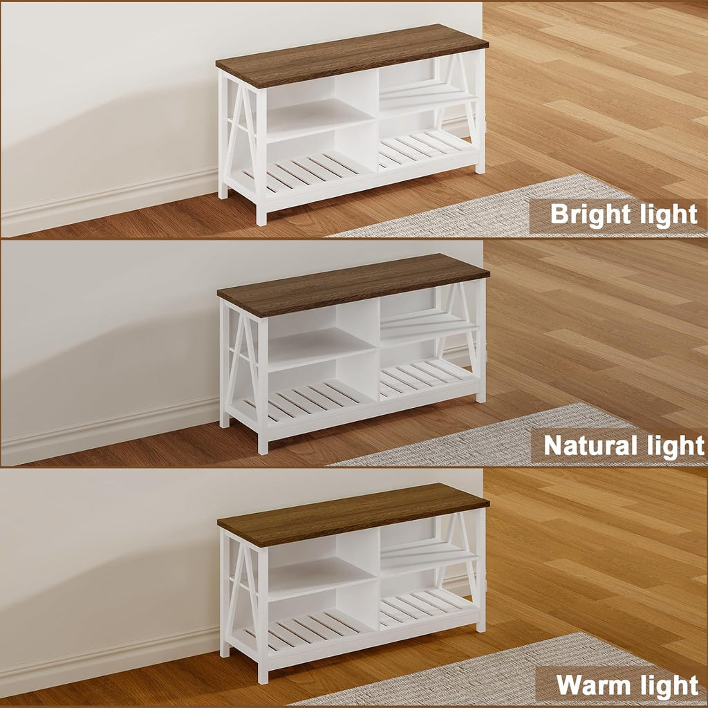 ChooChoo Farmhouse TV Stand for TVs up to 55 Inch, Modern Entertainment Center with 4 Open Shelves & Built-in Cable Holes, Media TV Console for Living Room, Bedroom, White