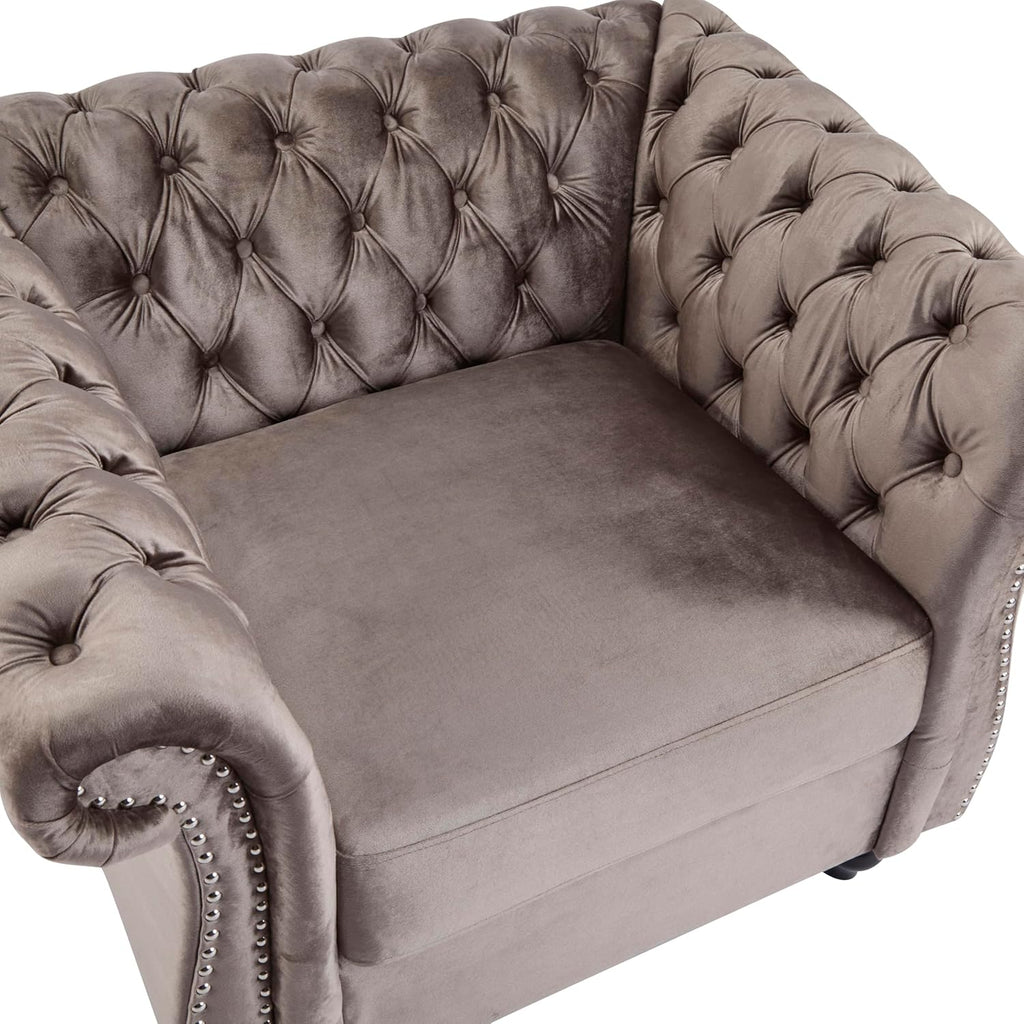 Christopher Knight Home Kitty Chesterfield Club Chair with Solid Wood Frame, Velvet Upholstered Living Room Chair, Button-Tufted Diamond Stitch Single Sofa, Nailhead Accent, Black + Dark Brown