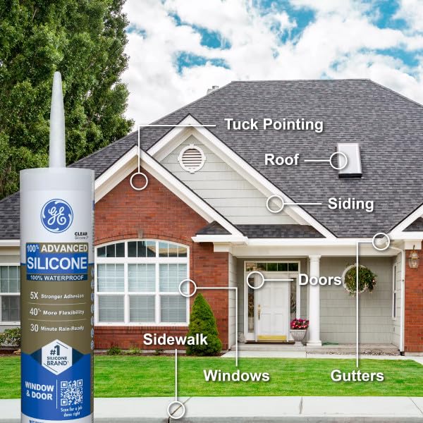 GE Advanced Silicone Caulk for Window & Door, White, 10 fl oz Cartridge, 12 Pack - 100% Waterproof Silicone Sealant, 5X Stronger Adhesion, Shrink & Crack Resistant