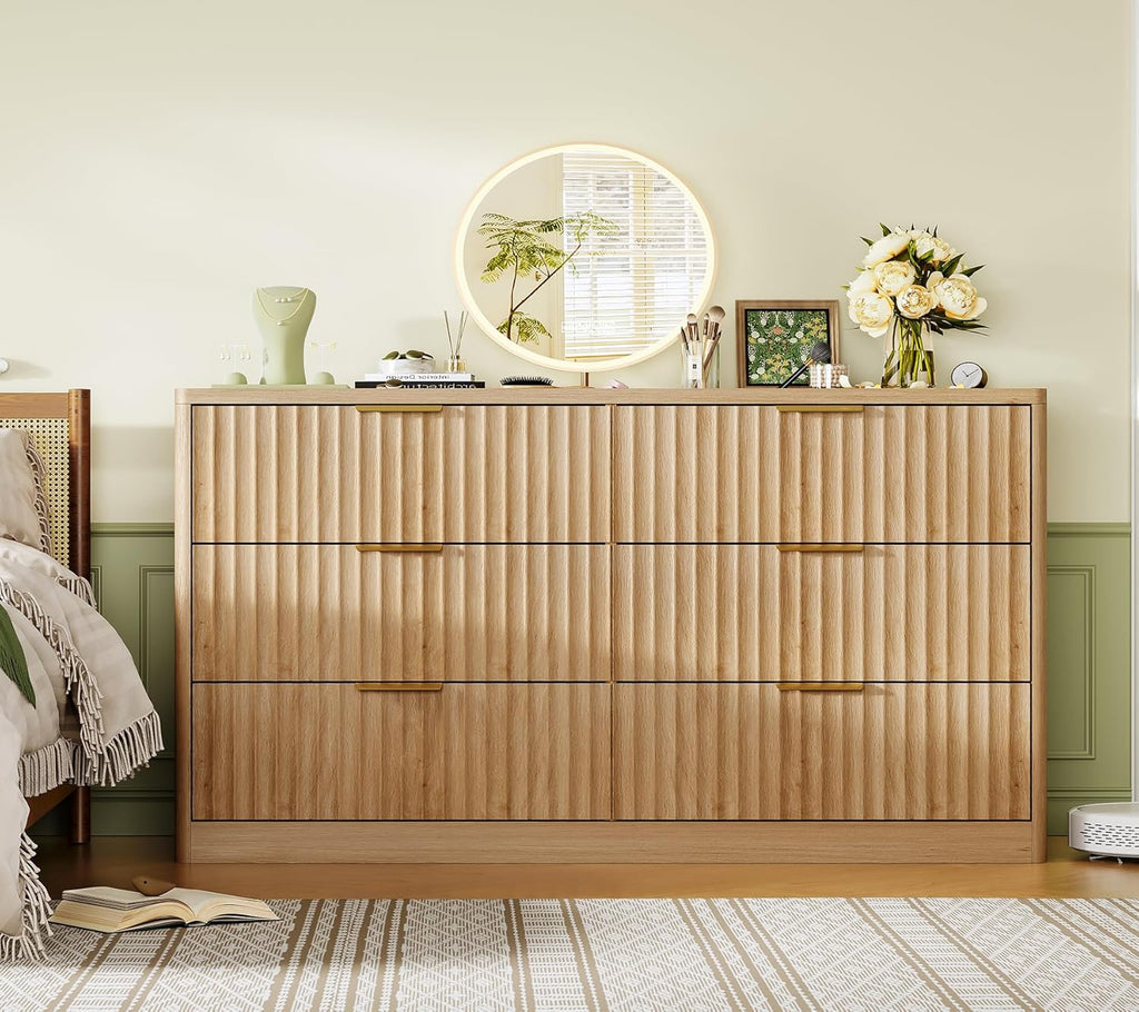 TEENFON Fluted 6 Drawer Dresser for Bedroom, Wide Modern Chest of Drawers with Metal Handle, Curved Profile Design, Wood Closet Clothes Storage Organizer for Bedroom, Hallway, Natural
