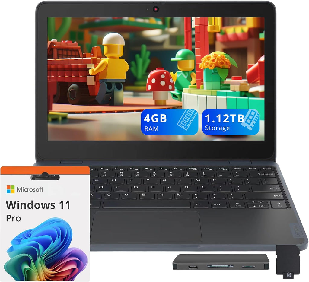 Lenovo 100w Gen 4 11.6" HD Laptop, Intel Processor N100, 4GB LPDDR5, 1.12TB Storage (128GB SSD+ 1TB Docking Station Set), Intel UHD Graphics, 720p HD Camera Wi-Fi 6, Win 11 Pro, Gray