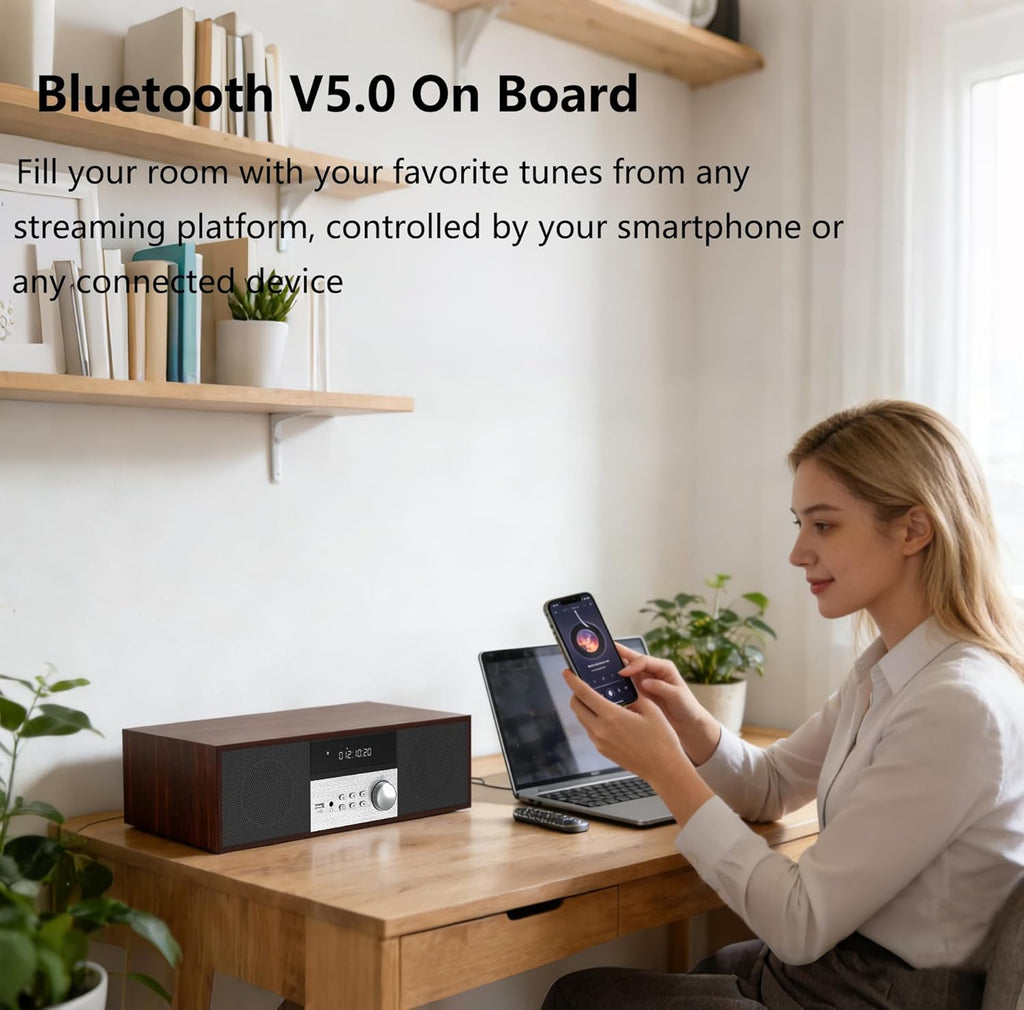 LONPOO Stereo Shelf System for Home, Vintage CD Player 40W RMS Micro Mini System with Remote Control, Bluetooth, FM Radio, USB MP3 Playback & Aux-in,Brown