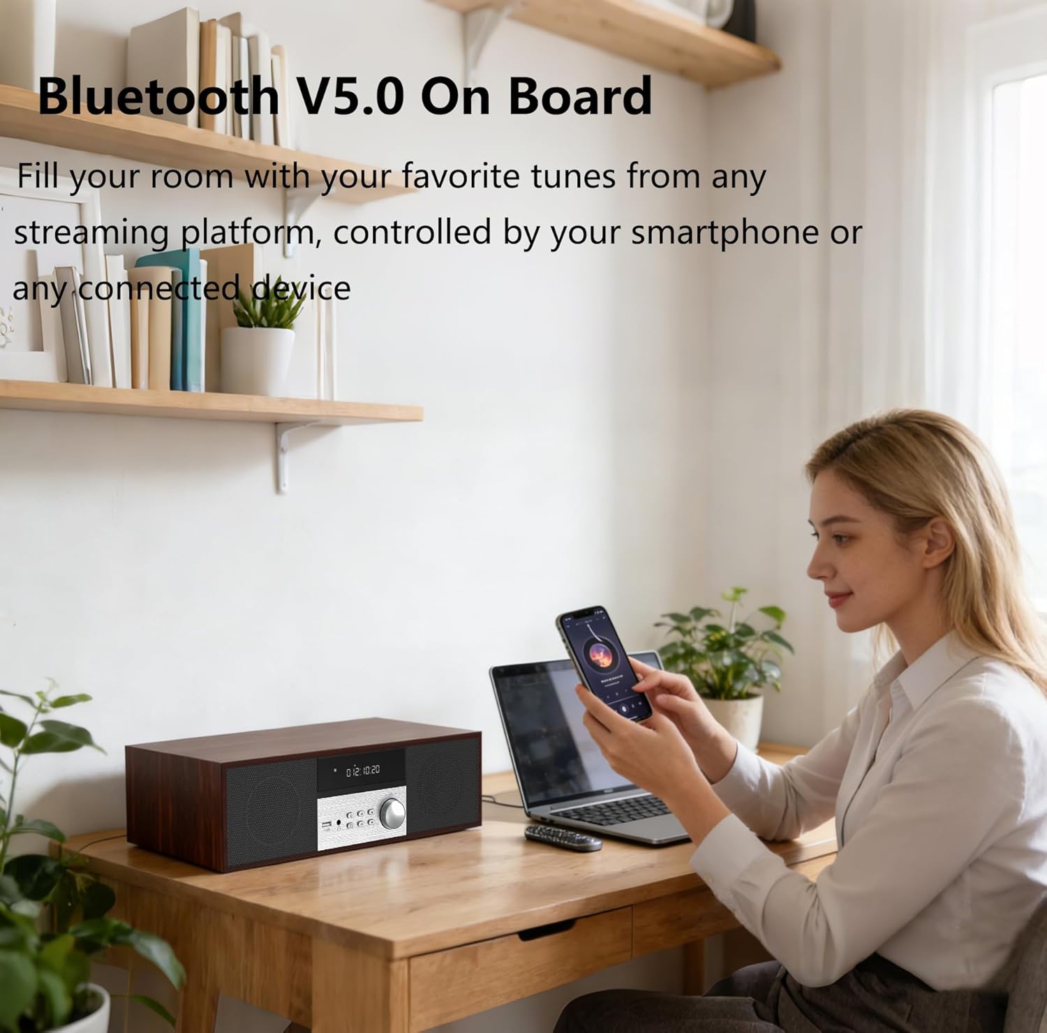 LONPOO Stereo Shelf System for Home, Vintage CD Player 40W RMS Micro Mini System with Remote Control, Bluetooth, FM Radio, USB MP3 Playback & Aux-in,Brown
