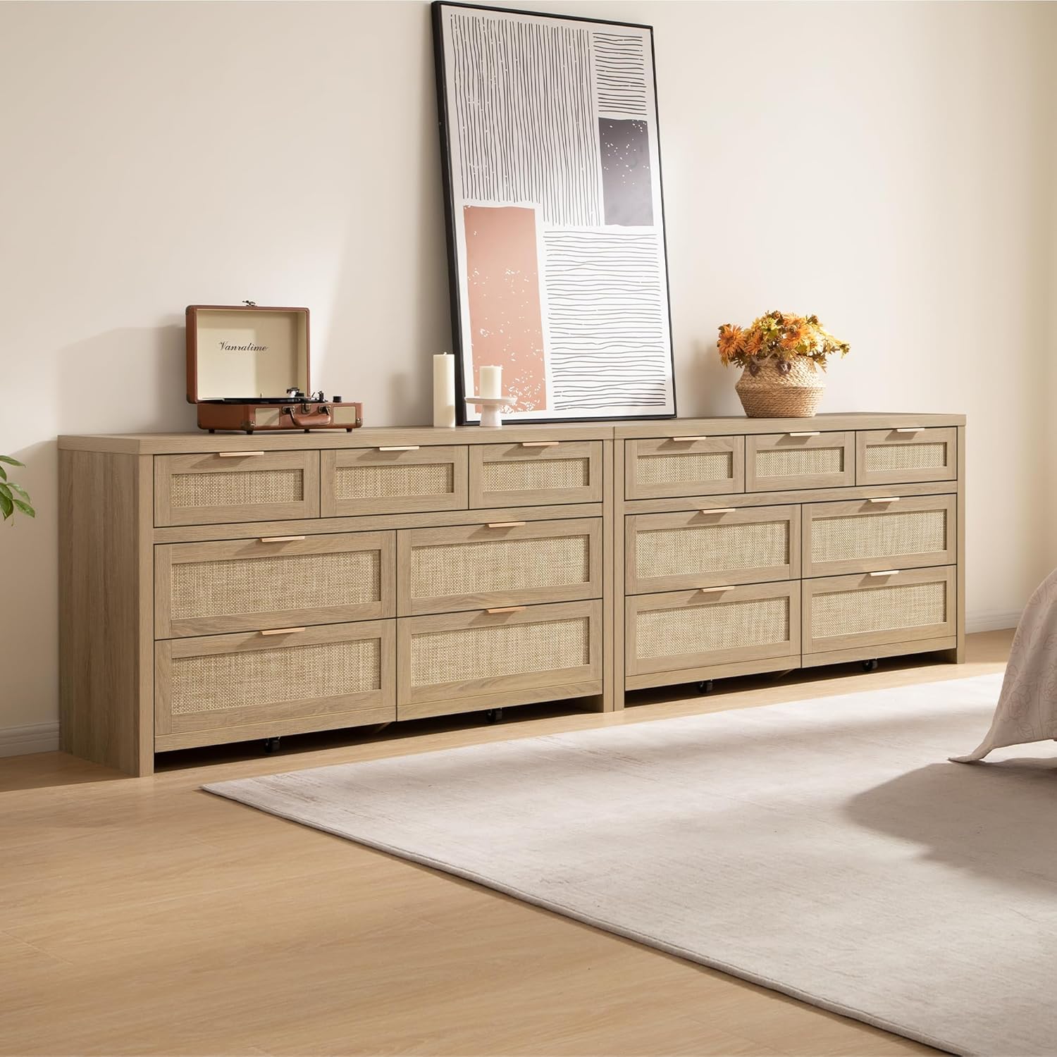 SICOTAS 7 Drawer Dressers for Bedroom Set 2, Long Rattan Dresser, Dresser TV Stand, Closet Organizer Chest of Drawers, Clothes Storage Dressers (Reclaimed Light Oak, 7 Drawers (2 pcs))