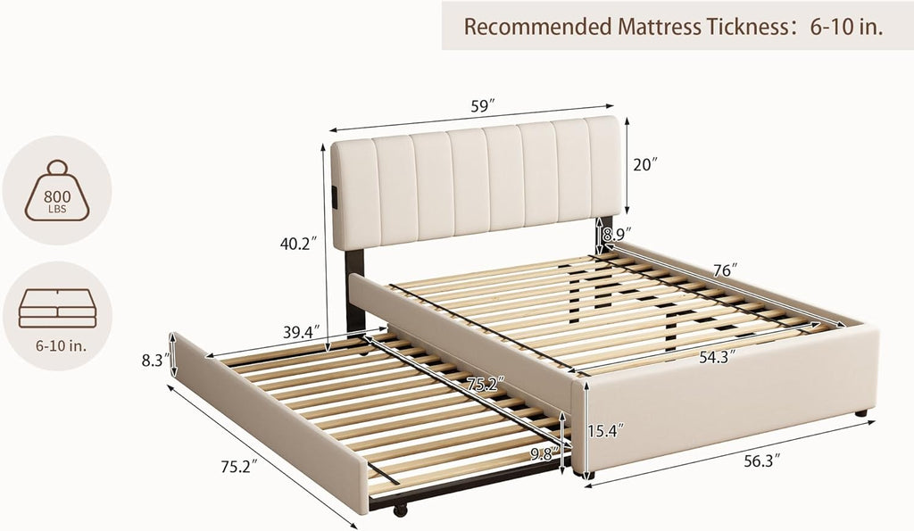 Full Size Upholstered Platform Bed with Trundle and 1 Sets of USB, Chenille Fabric Solid Wood Bedframe w/Wood Slats & LED Lights with APP for Bedroom,Beige