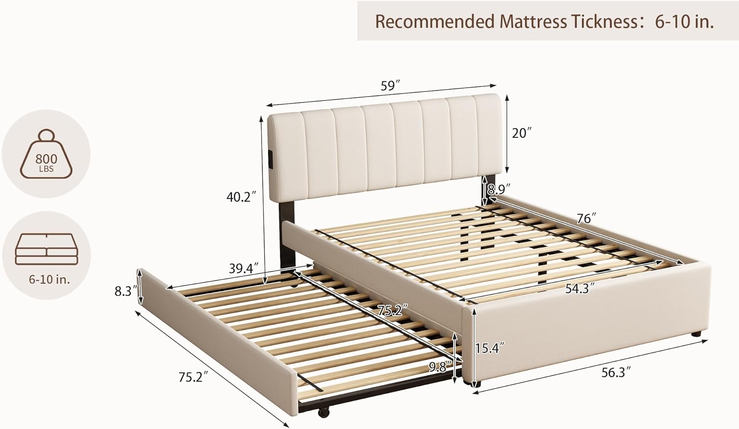 Full Size Upholstered Platform Bed with Trundle and 1 Sets of USB, Chenille Fabric Solid Wood Bedframe w/Wood Slats & LED Lights with APP for Bedroom,Beige