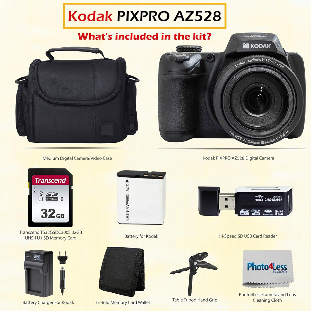 Kodak PIXPRO AZ528 16 MP Full HD Video Digital Camera (Black) with 52x Optical Zoom Bundle with Accessories Including Protective Camera Case, Battery & Charger, 32GB SD Card, Tripod and More