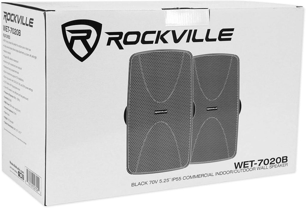 Rockville WET-7020B Bundle: (4) Pairs 5.25-in 70V Indoor/Outdoor Wall Speakers, RCS180-6 180-Watt 6-Zone 70V Commercial Amplifier with Bluetooth, IPX55, 5-Items