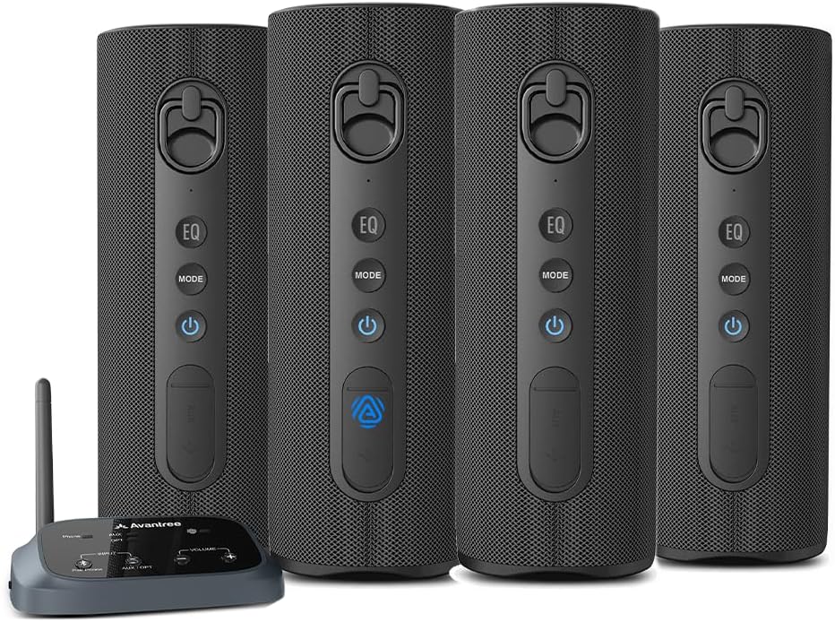 Avantree Harmony A1 - Auracast Multi-Room Wireless Speaker System for Music, Parties & House Gatherings, 1 Transmitter with 4 Auracast Bluetooth Speakers