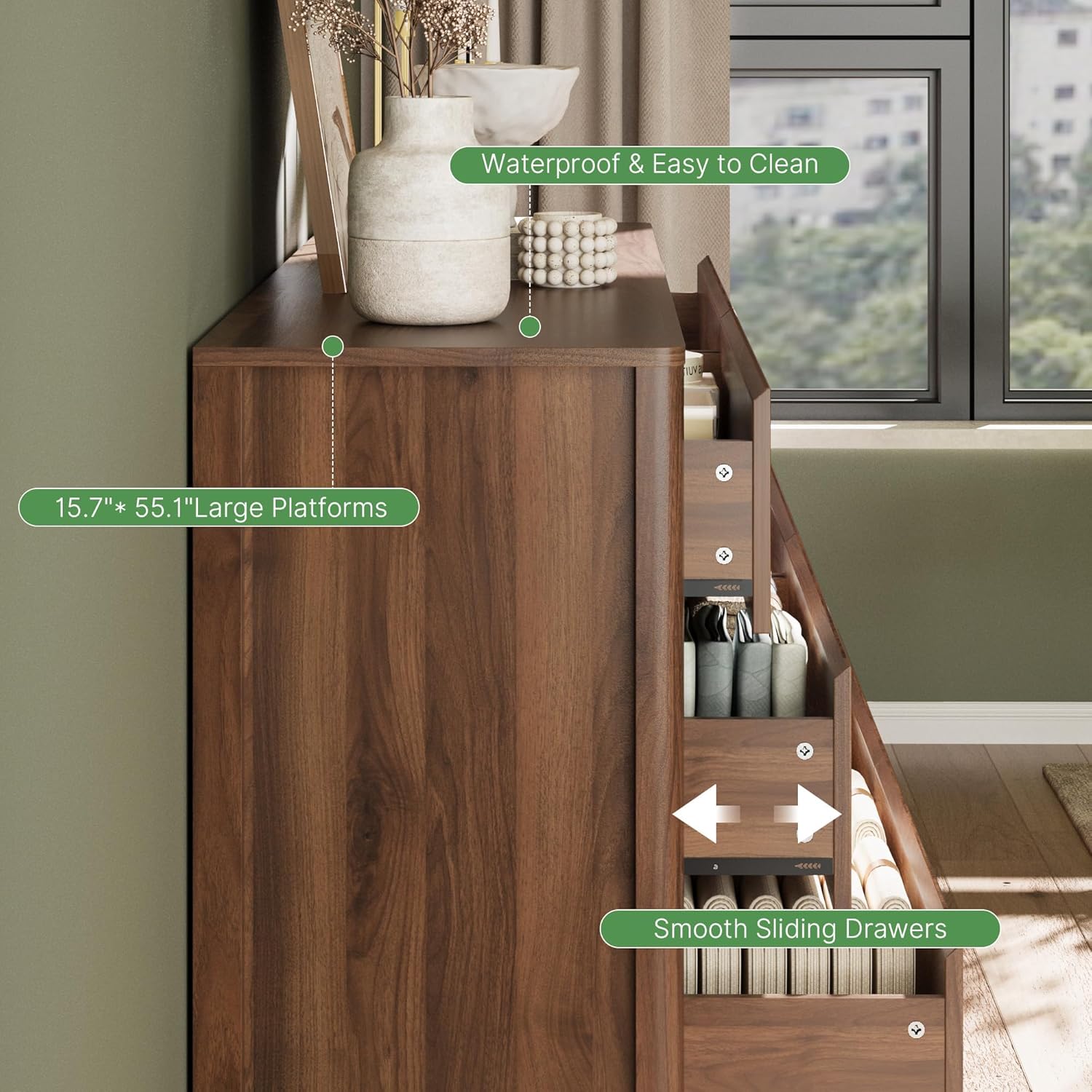MAISONARIA Walnut 3-Piece Dresser Bedroom Set, 6 Drawers Dresser & 2 Drawer Nightstands with Hidden Handles, Wood Chest of Drawers for Bedroom, Living Room, Entryway