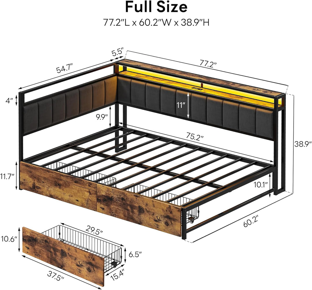 LIKIMIO Corner Bed Frame Full Daybed with Storage Drawers, Metal Platform Bed Frame with LED Light, Charging Station & Fabric Upholstered Fence, Black