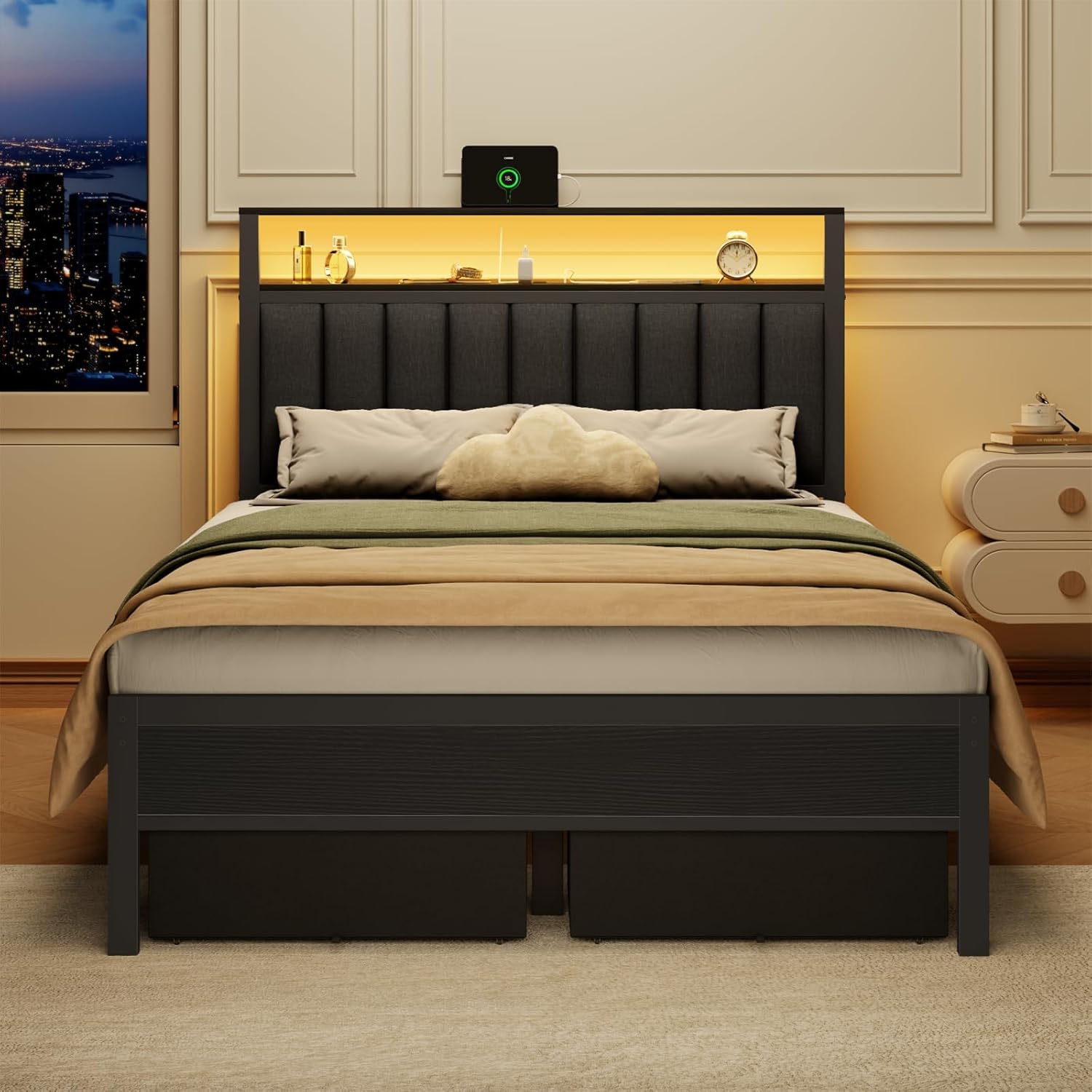 Furnulem Full Size Bed Frame with Charging Station and LED Lights, Grey Upholstered Headboard with Shelves, Metal Platform Bed with 2 Under-Bed Storage (Fabric Drawer on Wheels), No Box Spring Needed