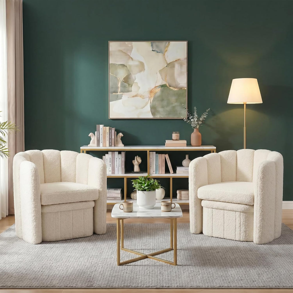 Homkdom Barrel Accent Chair with Storage Ottoman, Teddy Fleece Shell Back with Lumbar Support, Spring Foam Seat, 300 lbs, for Bedroom Reading Corner, Creamy White