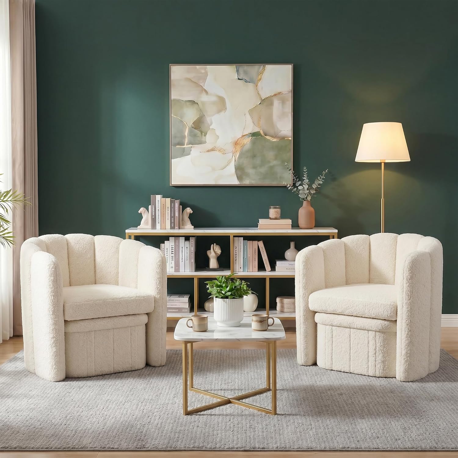 Homkdom Barrel Accent Chair with Storage Ottoman, Teddy Fleece Shell Back with Lumbar Support, Spring Foam Seat, 300 lbs, for Bedroom Reading Corner, Creamy White