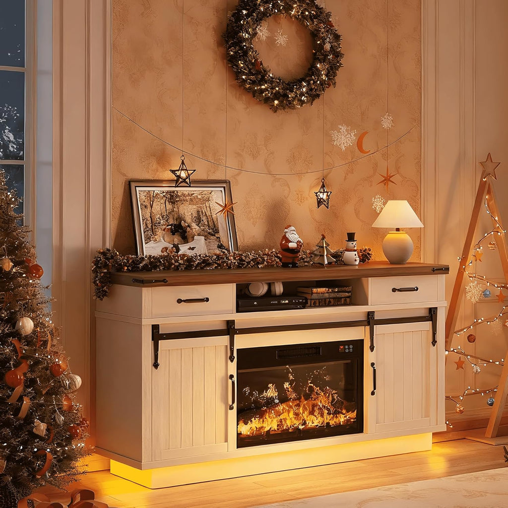 Jocoevol Fireplace TV Stand for TVs up to 65", Electric Fireplace with 3D Flame, Farmhouse LED Light Entertainment Center TV Console with with 2 Drawers, Sliding Barn Door for Living Room - White