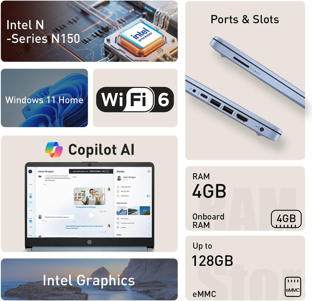 HP dq6012dx 14" Laptop, Intel N150 Processor (Up to 3.6GHz), 4GB RAM, 128GB eMMC Storage, 14-inch Micro-Edge Display, Wi-Fi 6, Webcam, HDMI, Windows 11 Home in S Mode, Blue, Bundle PCO Cooler (Blue)