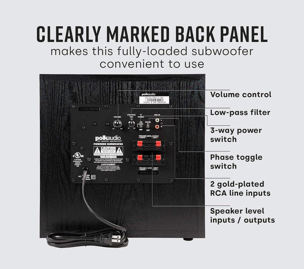 Polk Audio PSW10 10" Powered Subwoofer Home Audio – Power Port Tech, Up to 100 Watts, Big Bass in Compact Design, Easy Setup with Home Theater, Timbre-Matched with Monitor & T-Series Polk Speakers