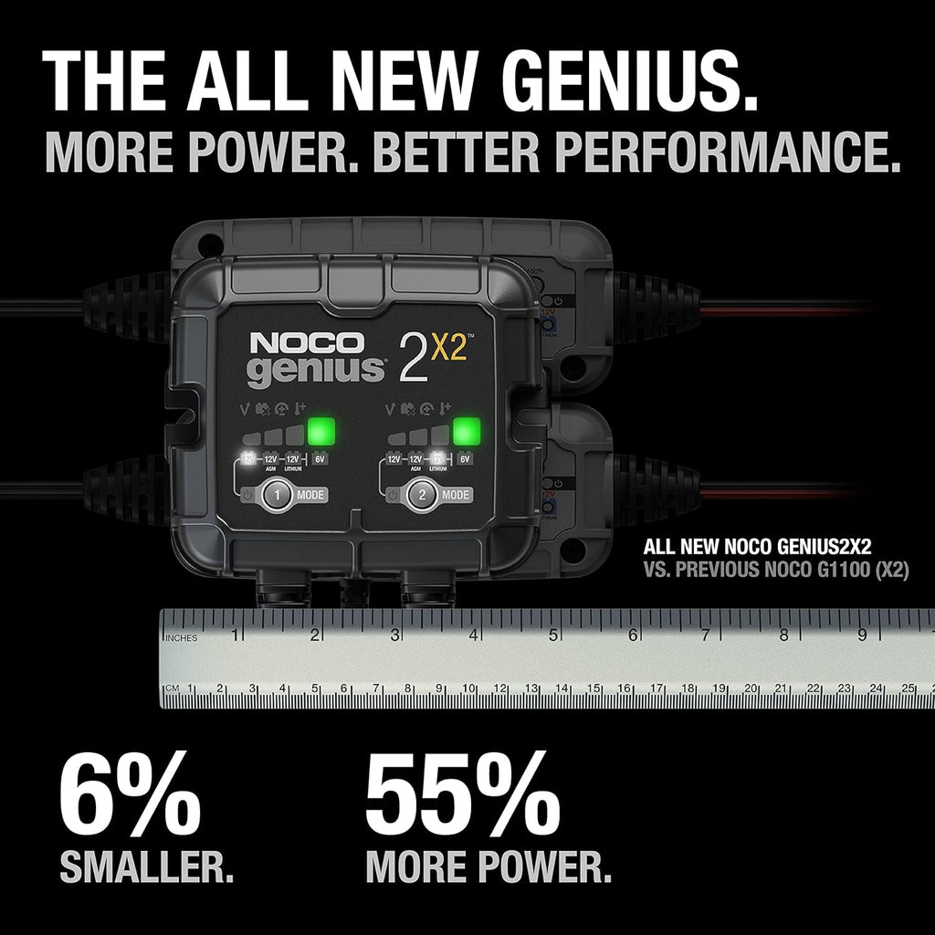 NOCO GENIUS2X2: 4A 2-Bank Smart Battery Charger (2A/Bank) - 6V/12V Automatic Maintainer, Trickle Charger & Desulfator with Overcharge Protection & Temperature Compensation – for Lead-Acid & Lithium