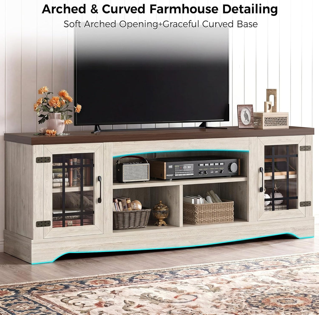 IRONCK Farmhouse TV Stand for 75 Inch TV, Rustic Entertainment Center with Storage Cabinets & Open Shelves, Grid Glass Doors, Media Console for Living Room, Bedroom(Light Oak & Walnut)