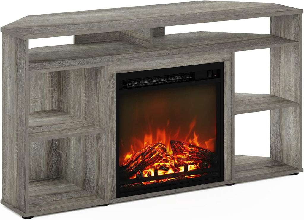 Furinno Jensen Corner TV Stand with Fireplace for TV up to 55 Inches, French Oak Grey