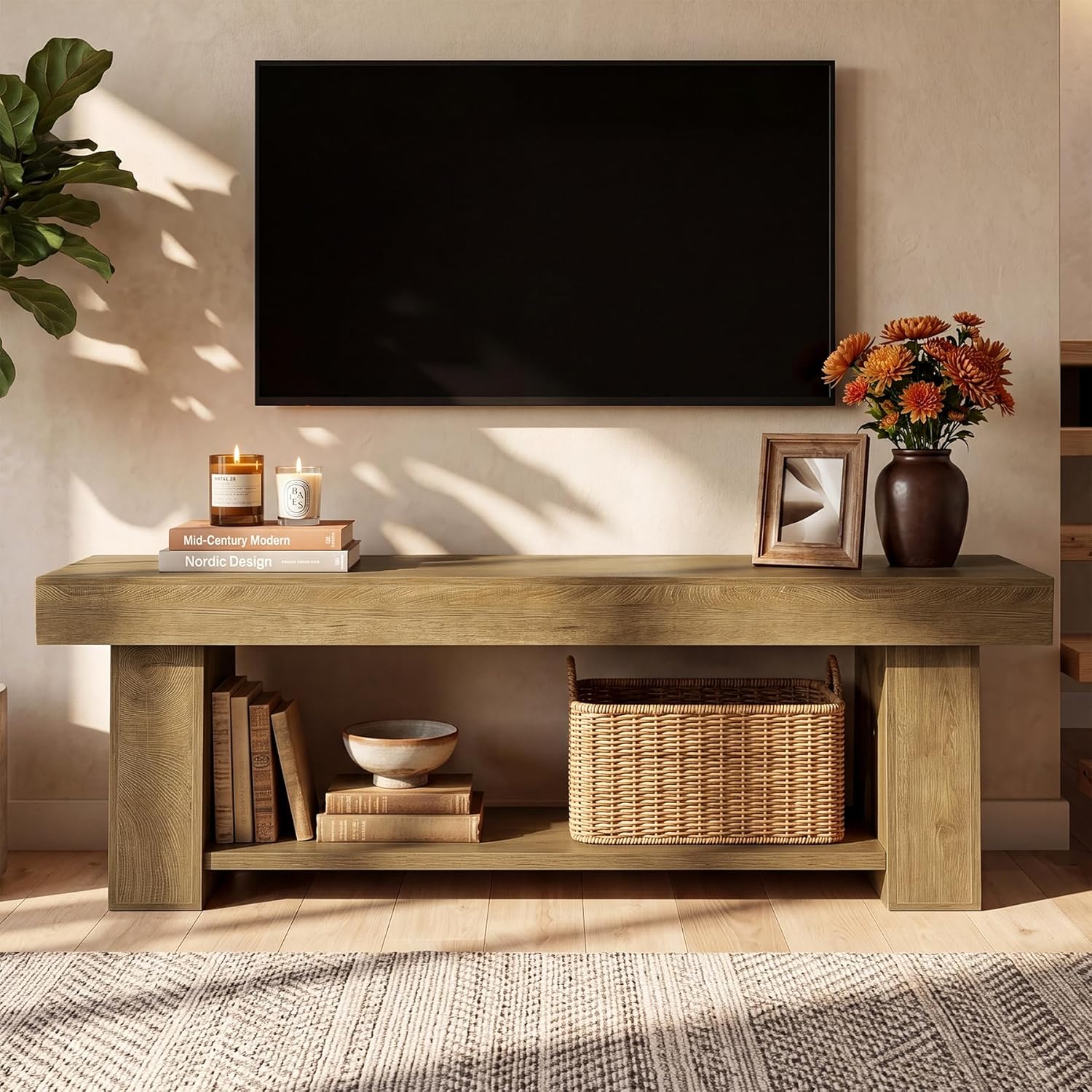 Tribesigns Wooden TV Stand for TVs up to 65'', Natural Brown Modern Entertainment Center with Lower Open Shelf, 63" Farmhouse TV Media Console for Living Room, Bedroom or Home Office