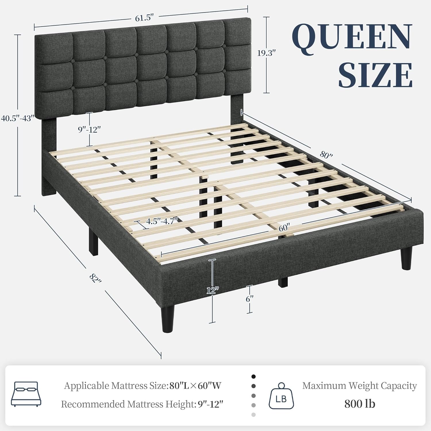 Yaheetech Upholstered Bed Frame, Modern Queen Bed Platform with Square Stitched&Button Tufting Headboard Height Adjustable, Wooden Slats Support, No Box Spring Needed, Queen Size, Dark Grey