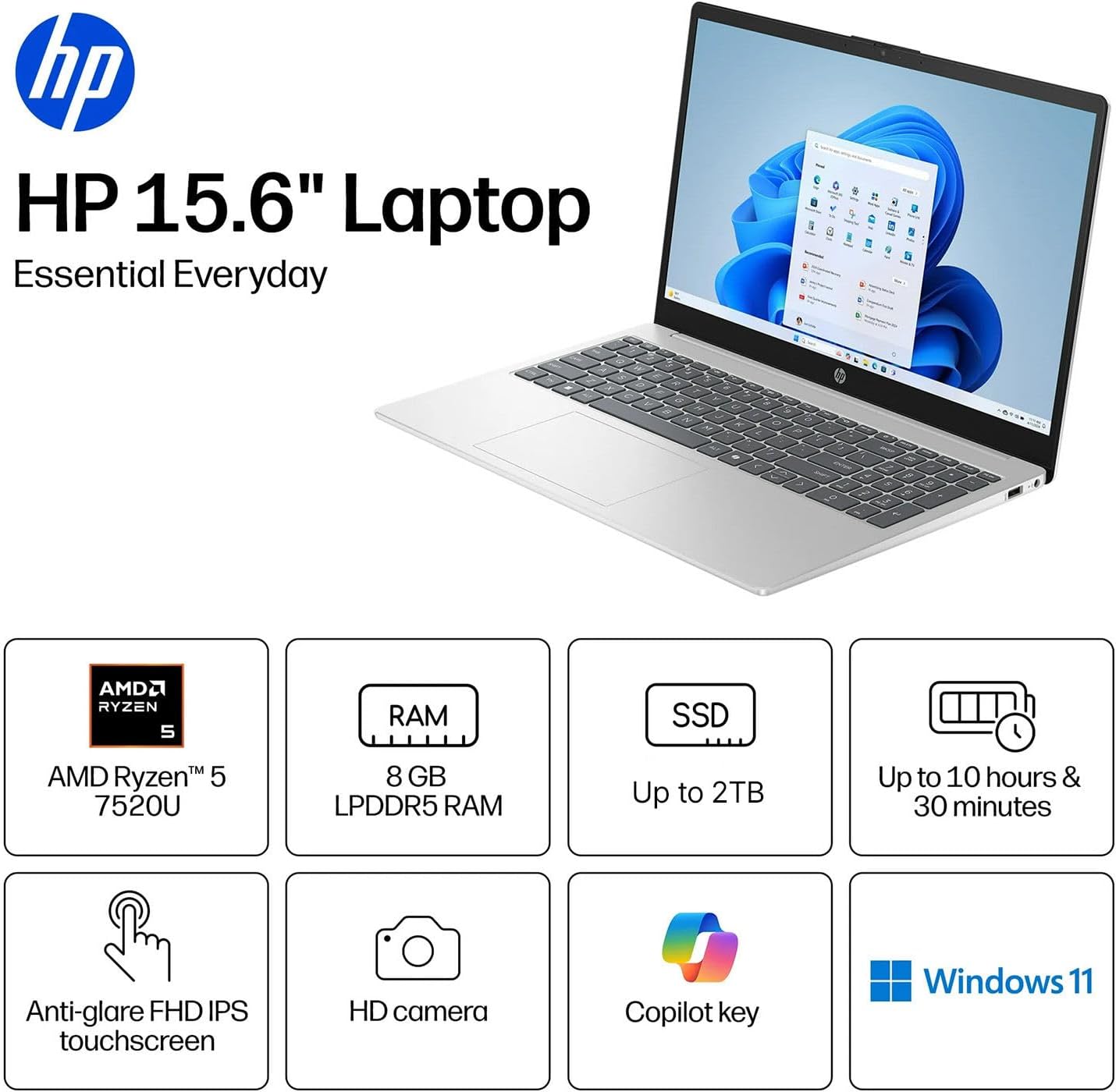 HP Pavilion 15.6" Touchscreen Laptop • AMD Ryzen 5 7520U • 8GB RAM • 256GB PCle SSD • Copilot AI • Wi-Fi 6 • Windows 11 • Ready for School & Work