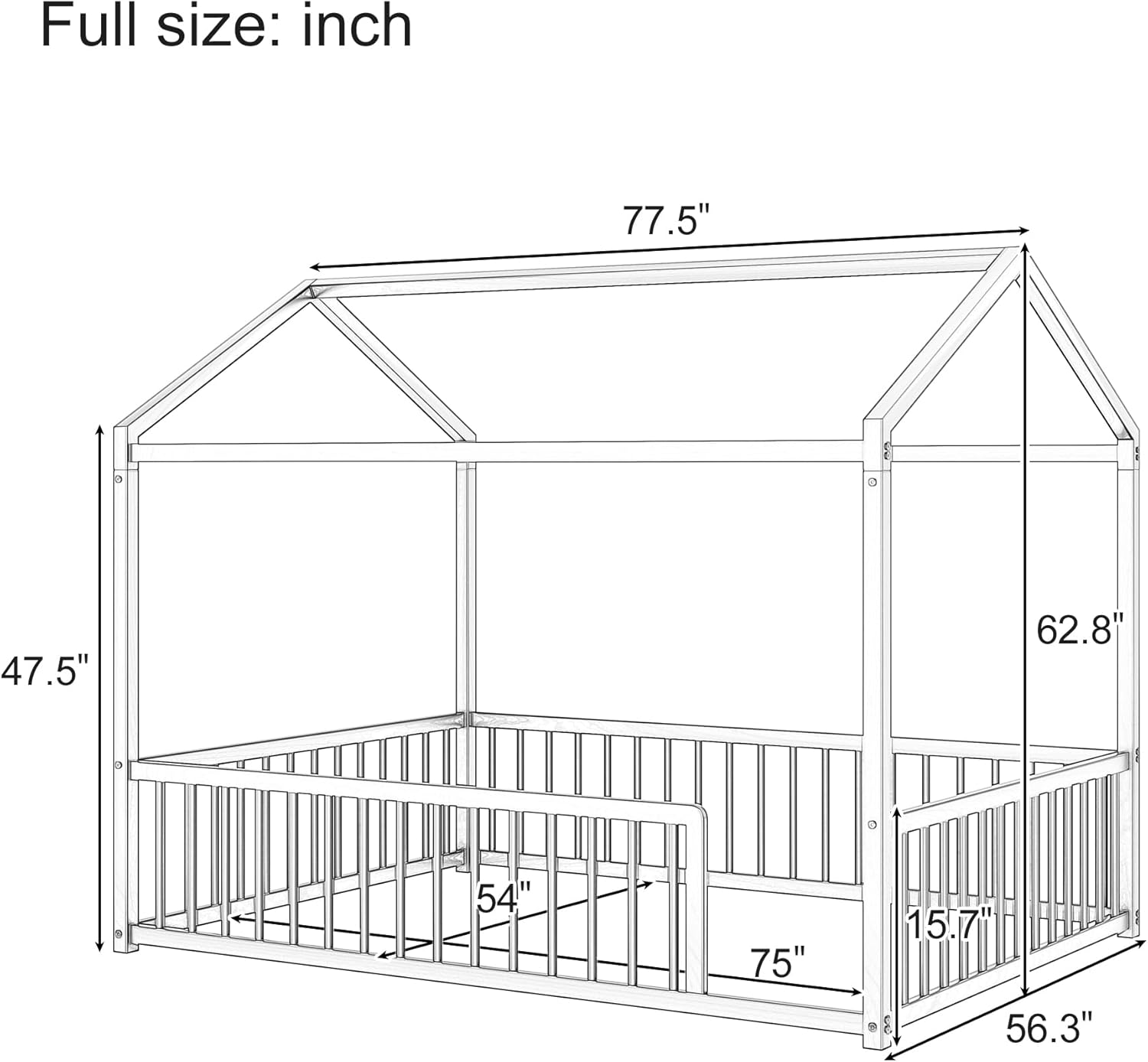 House Shape Full Size Montessori House Bed Metal Floor Bed Full Bedframe No Box Spring Needed, Black