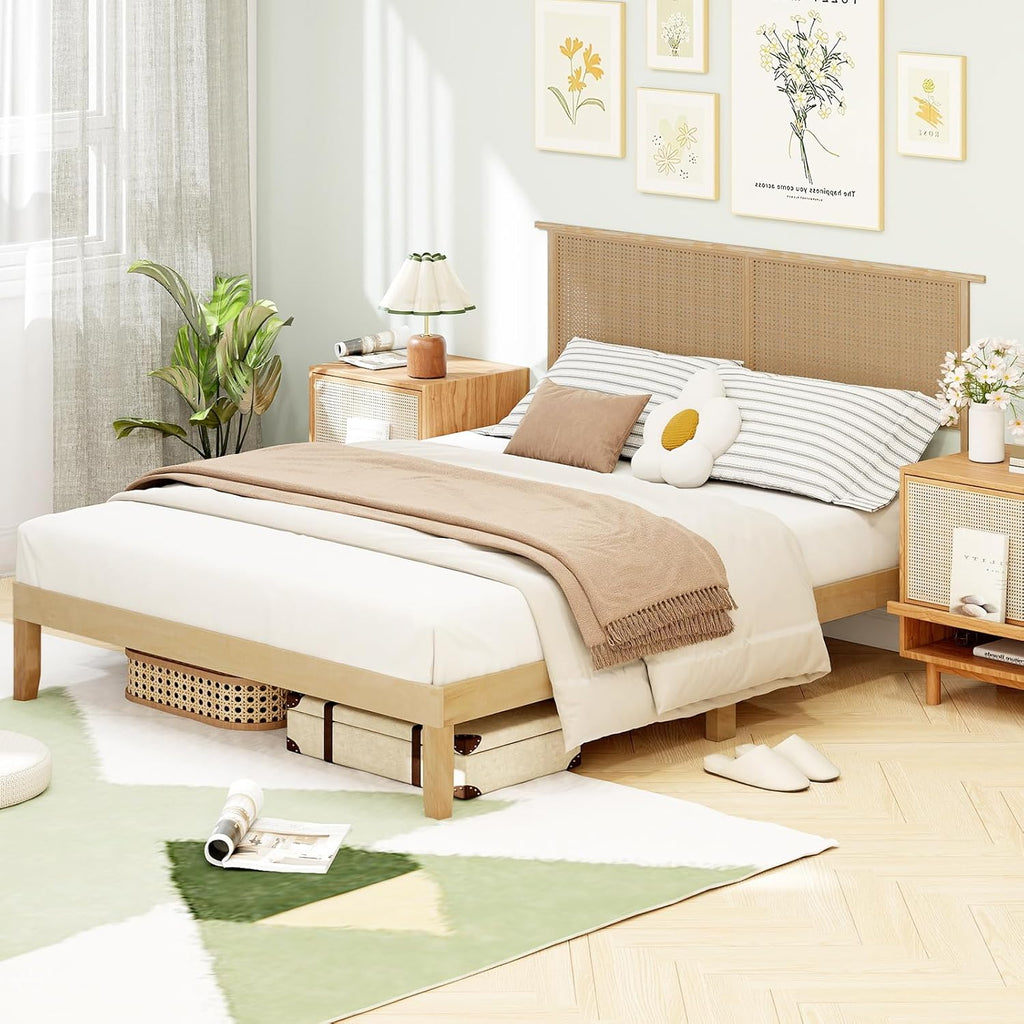 Giantex Rattan Queen Bed Frame, Boho Platform Bed with Natural Wicker Headboard, Solid Wood Foundation & Support Slats, Under-Bed Storage, Queen Size Bedframe for Adults, No Box Spring Needed