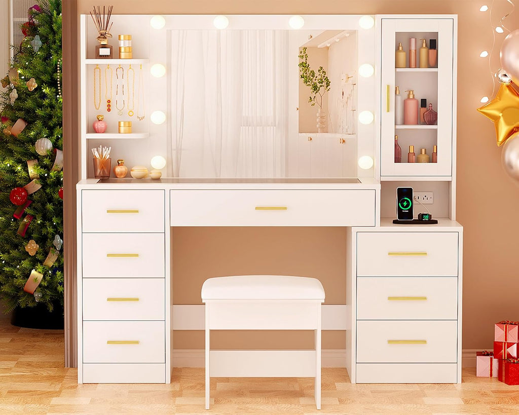 ANWBROAD 49.2" Large Vanity Desk with Mirror and Lights White Makeup Vanity Desk with Glass Top and Power Outlet 8 Drawers Nightstand 5 Hooks Vanity Table with Stool for Bedroom Women Girls UBDT88W