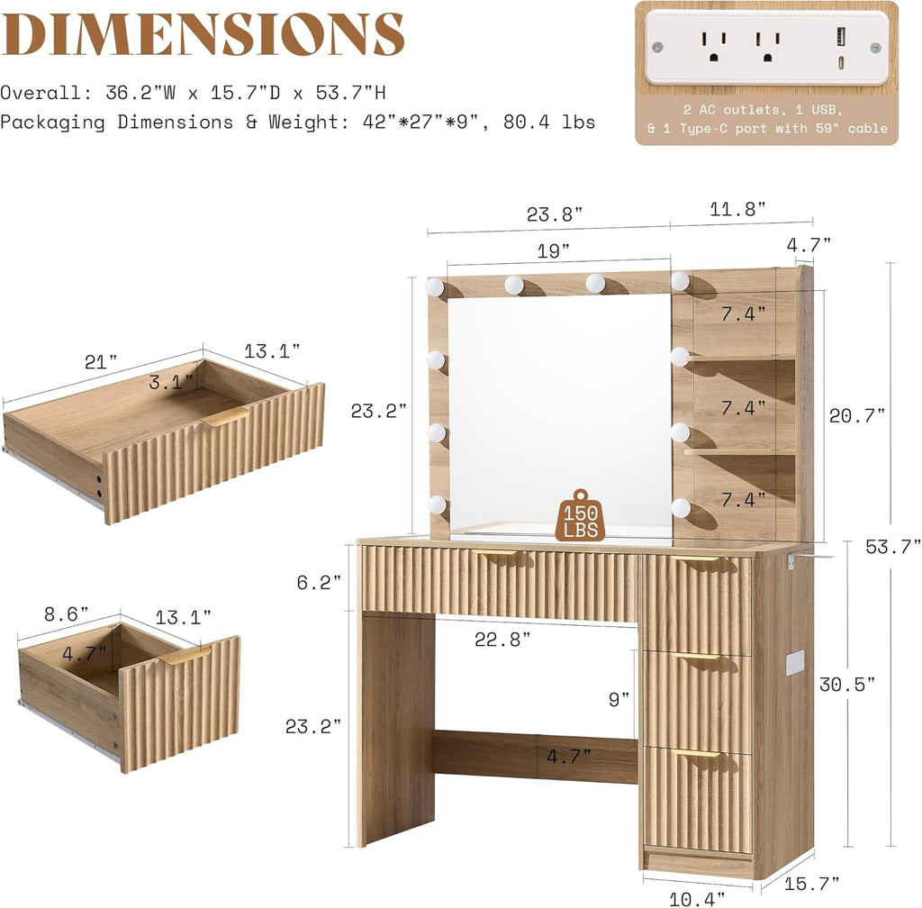 AMERLIFE 36.2" Fluted Vanity Desk with Mirror and Adjustable LED Lights, Large 4 Drawers Makeup Vanity Table with Glass Top and Charging Station for Women and Girls, Bedroom or Dorm, Natural Oak