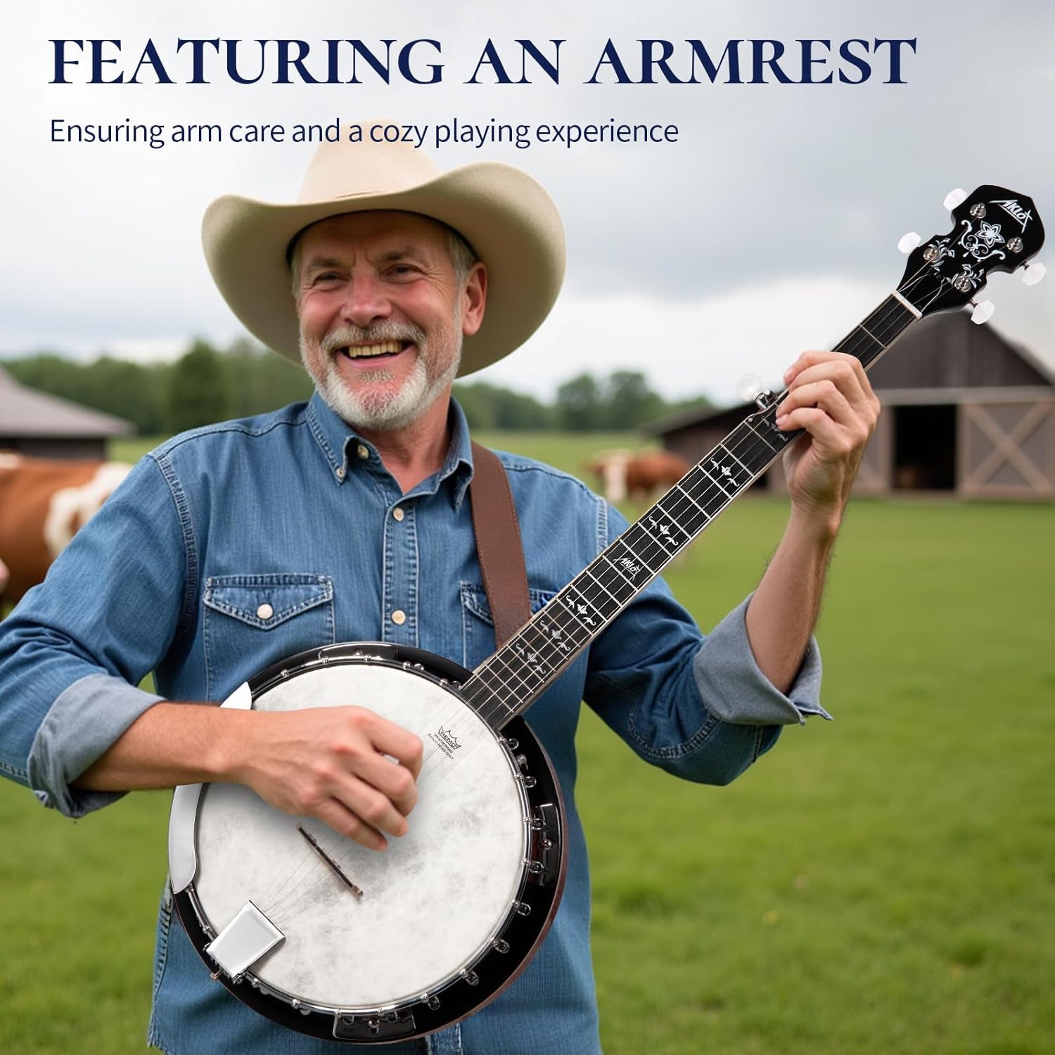 AKLOT Full-Sized Banjo with Remo Head: 38'' 5 String Banjo Set with Removable Resonator, Geared 5th Tuner, 24 Brackets, Deluxe Beginner Kit with Gig Bag, Strings, Strap, Picks, Tuner, Bridge Ruler（01）