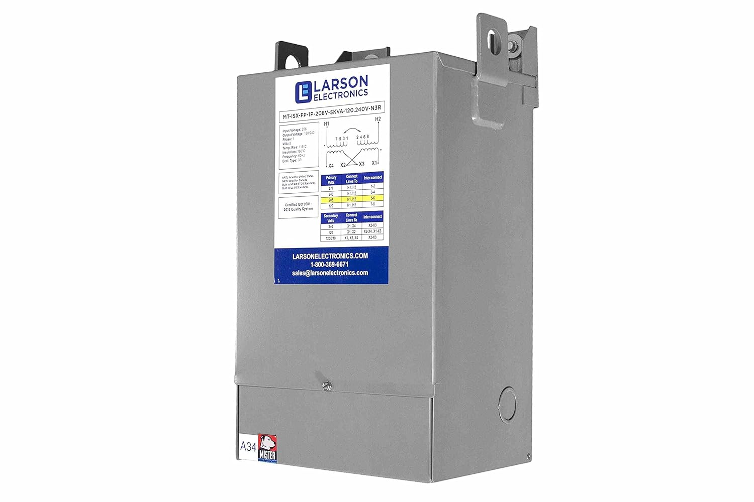 1 kVA Isolation Transformer - 480V Primary - 208V Secondary - NEMA 3R - Fully Potted - 1 Phase