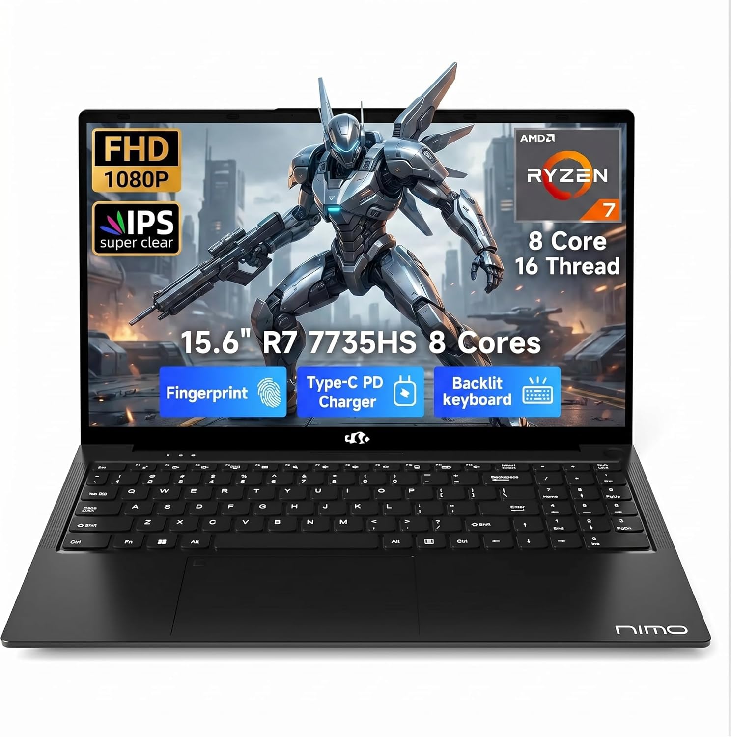 NIMO Gaming Laptop 15.6", AMD Ryzen 7 7735HS (Boost 4.75GHz), 16GB DDR5 RAM, 512GB PCIe 4.0 SSD, Windows 11 Home, 1080P FHD Display, Backlit Keyboard, 100W PD Fast Charge, 2X Full-Function USB-C