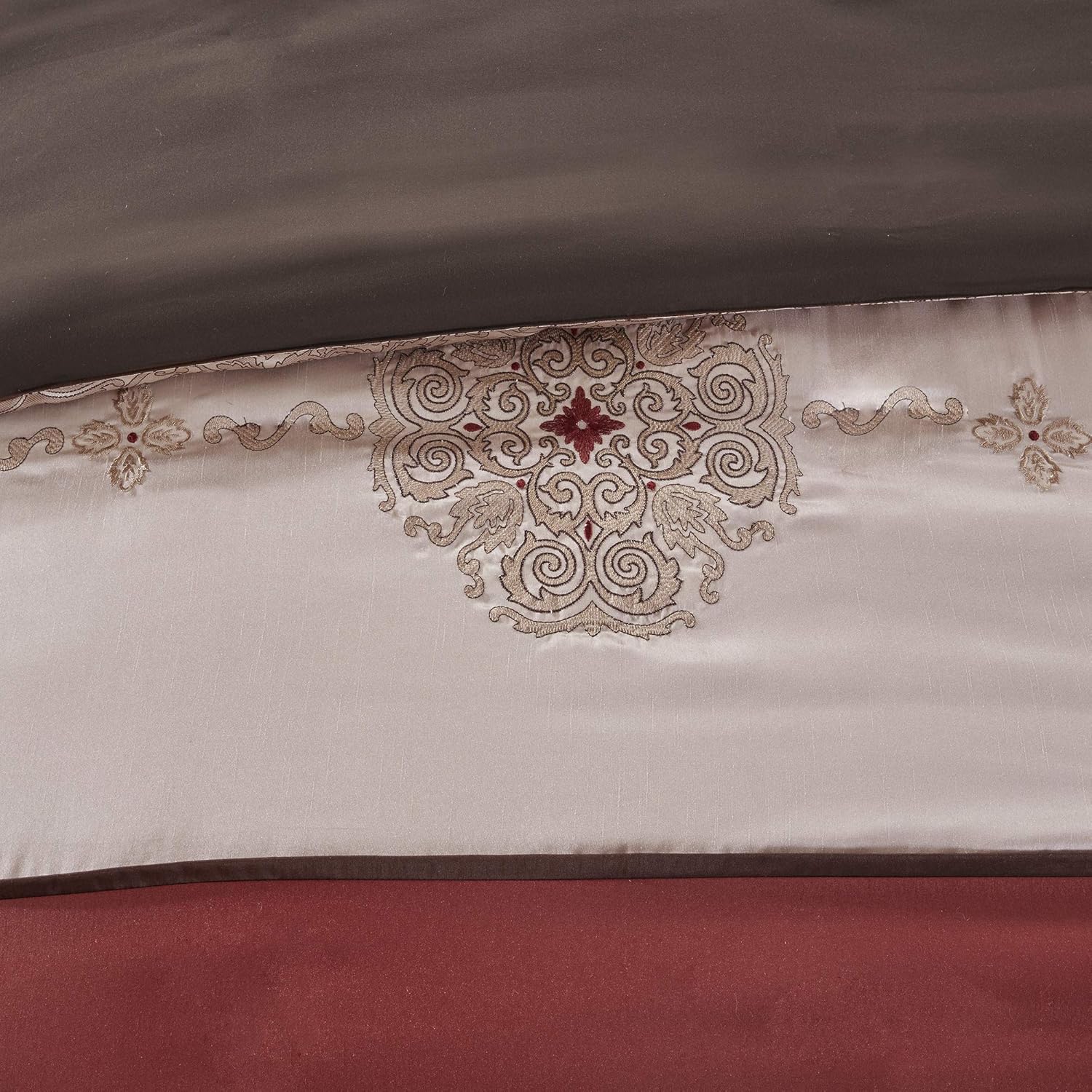 Madison Park Essentials Delaney 24-Piece Room In A Bag Comforter Set-Satin Jacquard, All Season Luxury Bedding, Sheets, decorative pillows and Curtains, Valance, King(104"x92"), Medallion Red