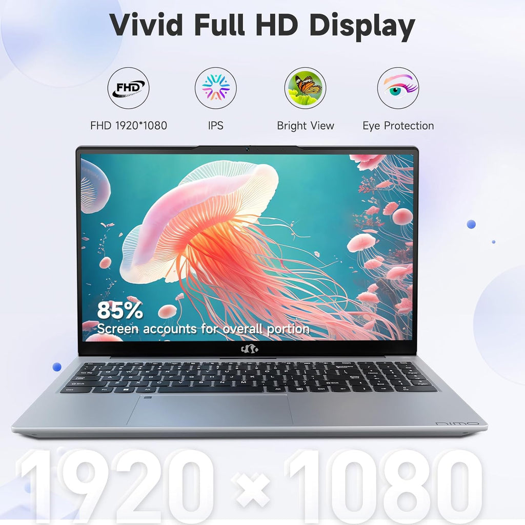 NIMO 15.6" FHD IPS Laptop, Intel Core i3-1215U (Beats i5-1135G7 Class), 16GB RAM, 512GB SSD, Windows 11 Home, Wi-Fi 6, Backlit Keyboard, Fingerprint, USB-C 65W Fast Charge, Bluetooth 5.2, 180° View