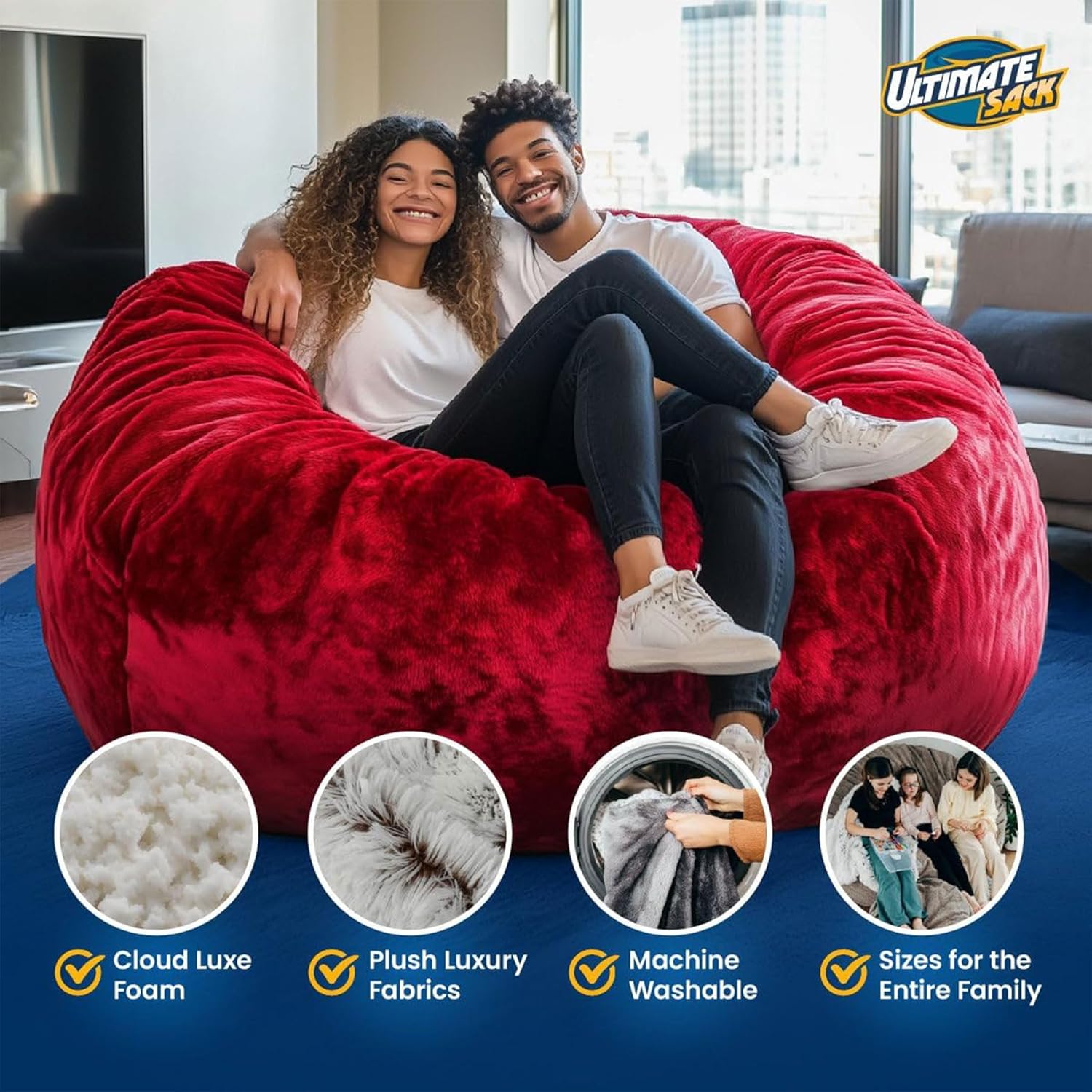 ULTIMATE SACK 6000 6-Foot Bean Bag Chair, Burgundy Suede Cover – Oversized Foam Lounger, Floor Seat, Small Sofa, or Couch Bed for Living Area, Gaming Room, or Reading Lounge
