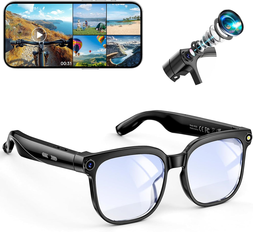Hwagol Smart Glasses with Camera, 8MP HD Photo and Video Recording,AI Glasses with Real-Time Translation/Object Recognition/AI Voice Q&A/Recording, Calls and Music,UV & Blue Light Protection (Clear)