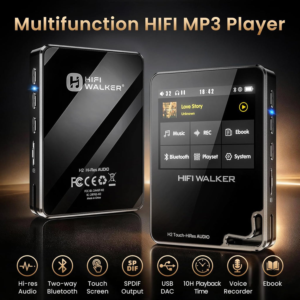 HIFI WALKER H2 Touch Hi-Res MP3 Player with Bluetooth, 2.4" HD Touchscreen, Lossless DSD FLAC Music Player, 64GB Memory Card Included, Supports up to 512GB