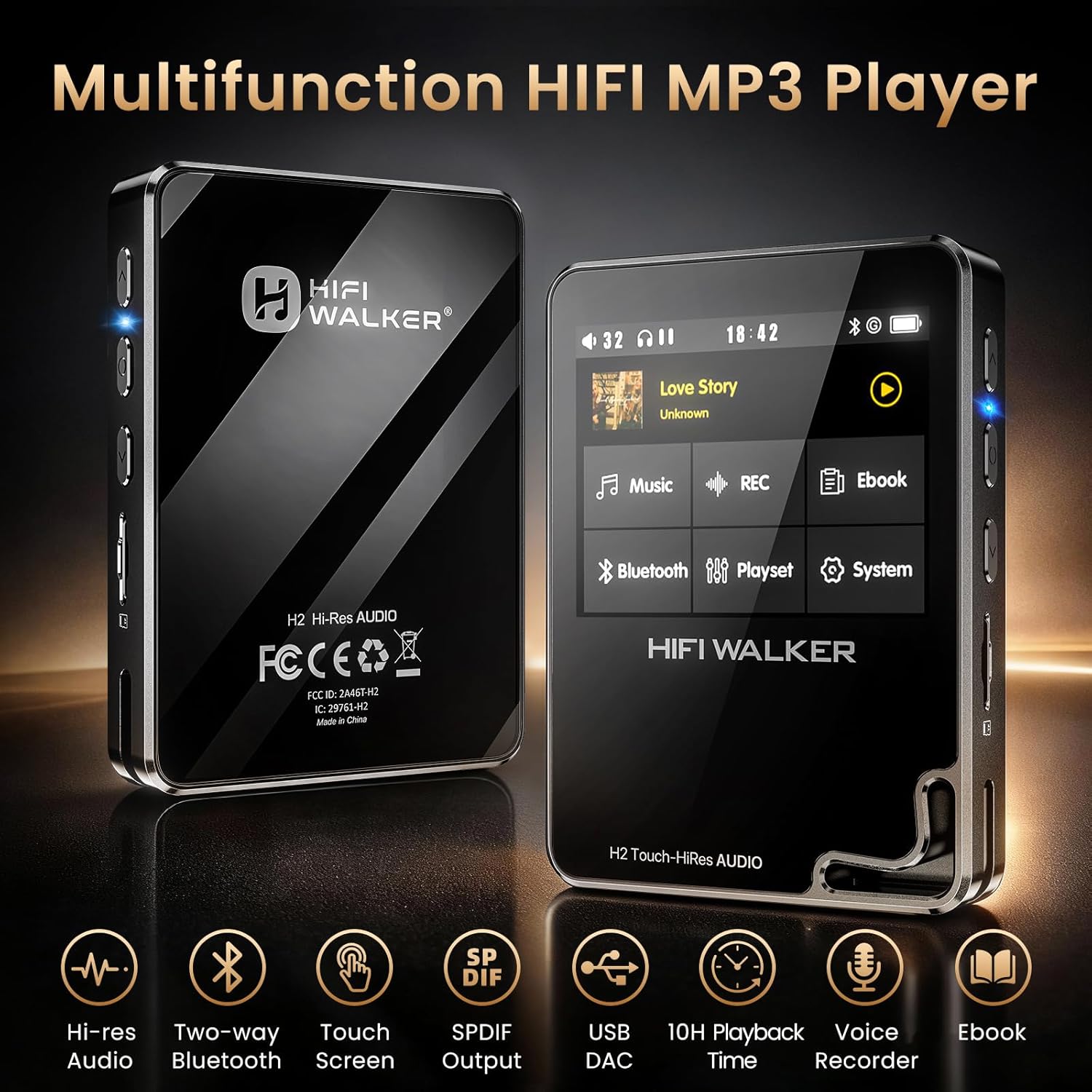 HIFI WALKER H2 Touch Hi-Res MP3 Player with Bluetooth, 2.4" HD Touchscreen, Lossless DSD FLAC Music Player, 64GB Memory Card Included, Supports up to 512GB