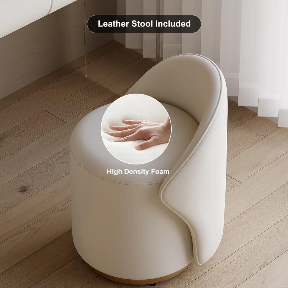 homary White Makeup Vanity Set with LED Mirror and Dressing Stool, Modern PU Leather Dressing Table with Drawers for Bedroom, Ideal for Women Girls (White)