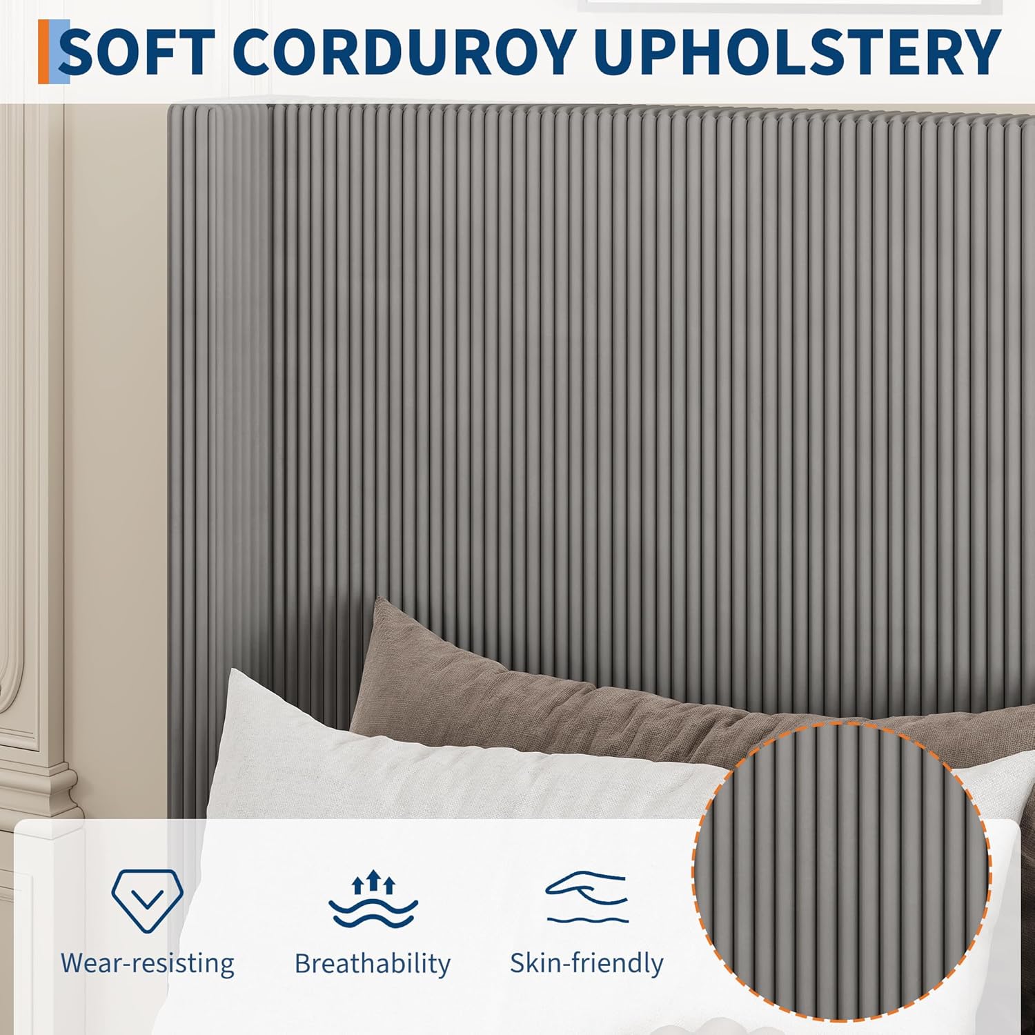 GarveeHome Queen Grey Storage Bed Frame, Corduroy Upholstered Platform Bedframe with 4 Drawers and Headboard, No Box Spring Needed, Easy Assembly