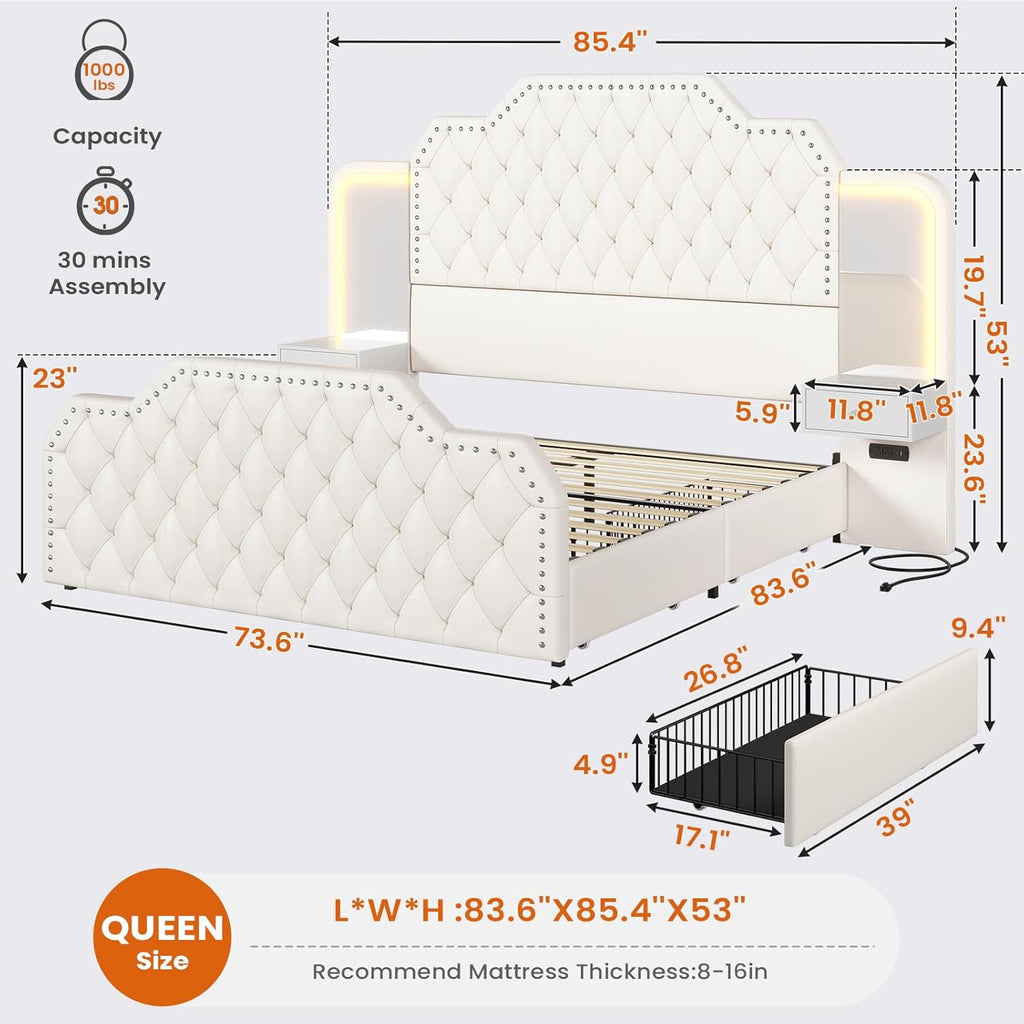 Itaar Queen Bed Frame with 53" Tall Headboard and 4 Storage Drawers, PU Leather Upholstered Platform Bed Frame, Built in Charging Station & Led, 2 Nightstands with Mirror, White