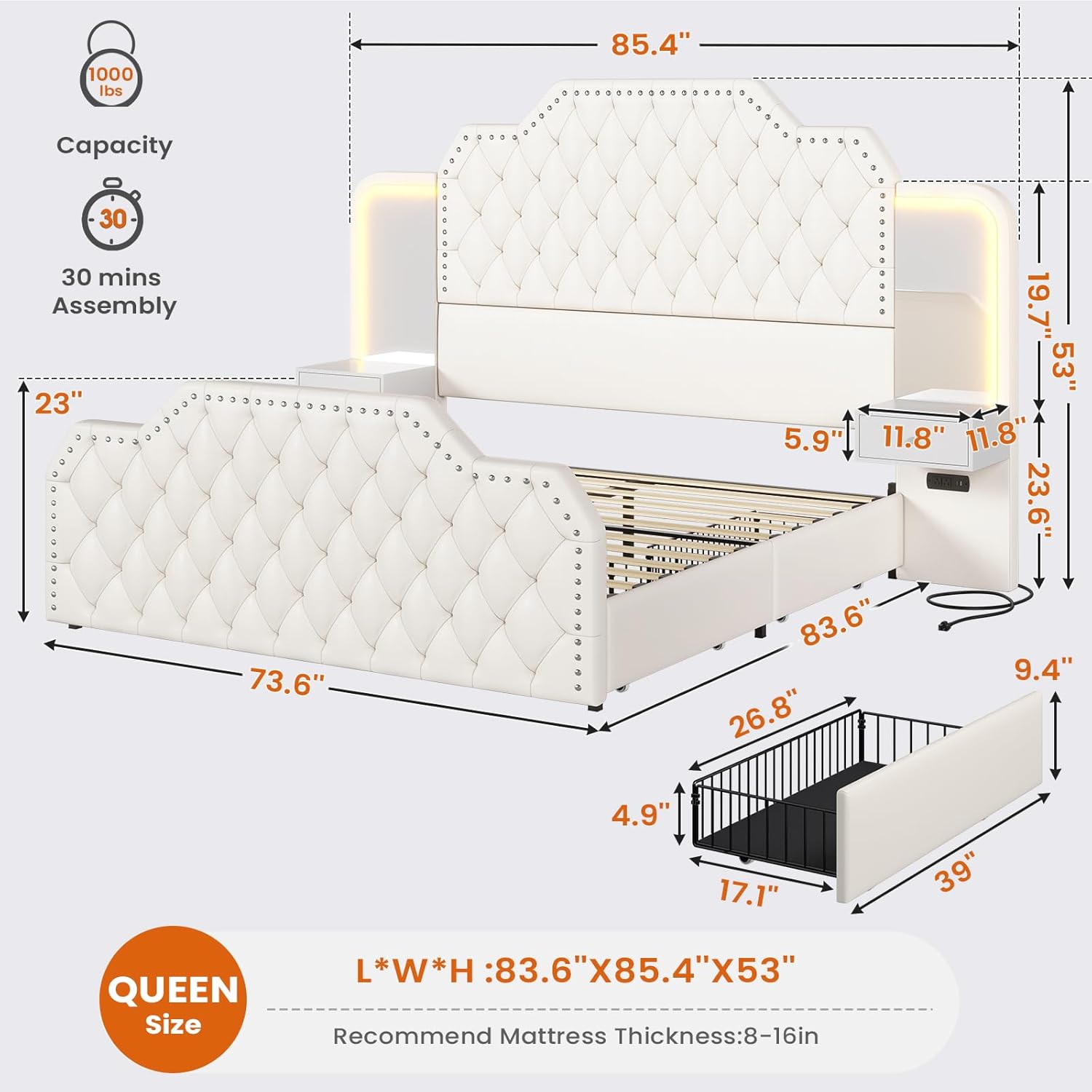 Itaar Queen Bed Frame with 53" Tall Headboard and 4 Storage Drawers, PU Leather Upholstered Platform Bed Frame, Built in Charging Station & Led, 2 Nightstands with Mirror, White