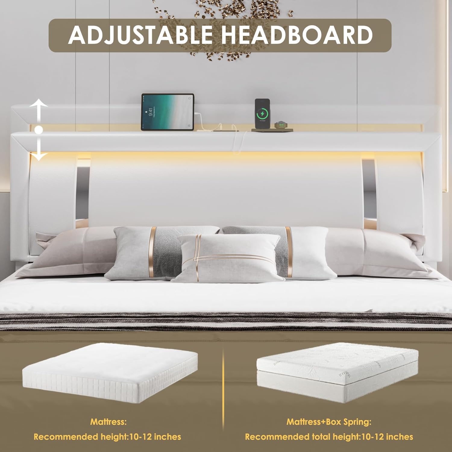Keyluv King Size Bed Frame with RGB LED Lights & 2 Storage Drawers, Modern Upholstered Platform Bed with Iron Metal Decor, USB Charging Ports, White