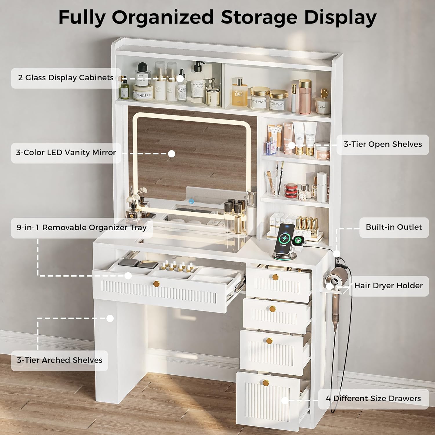 IRONCK Vanity Desk with LED Lighted Mirror, 3-Color Dimmable Makeup Vanity with Glass Top & Charging Station & Hair Dryer Holder, 4 Drawers & Open Shelves, 63" H Vanity for Bedroom, White